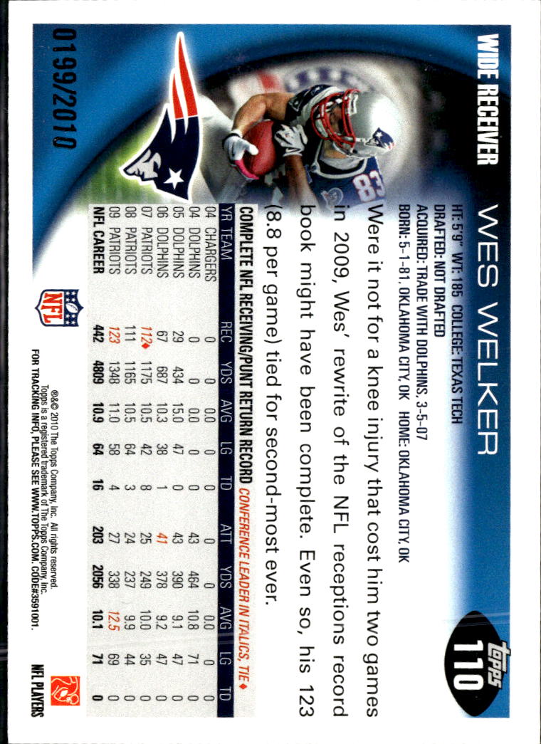 Wes Welker 2010 Topps Gold /2010 New England Patriots