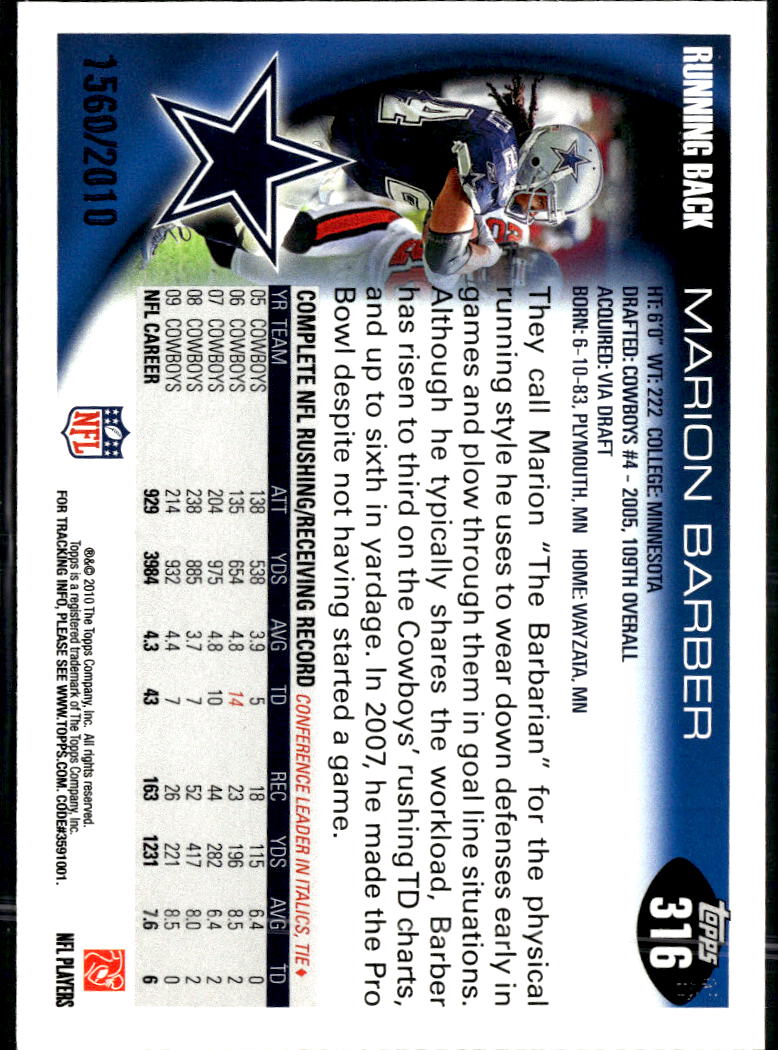 Marion Barber 2010 Topps Gold /2010 Dallas Cowboys