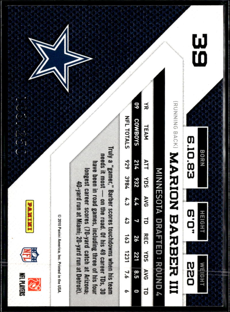 Marion Barber III 2010 Panini Threads Silver Holofoil /250 Dallas Cowboys