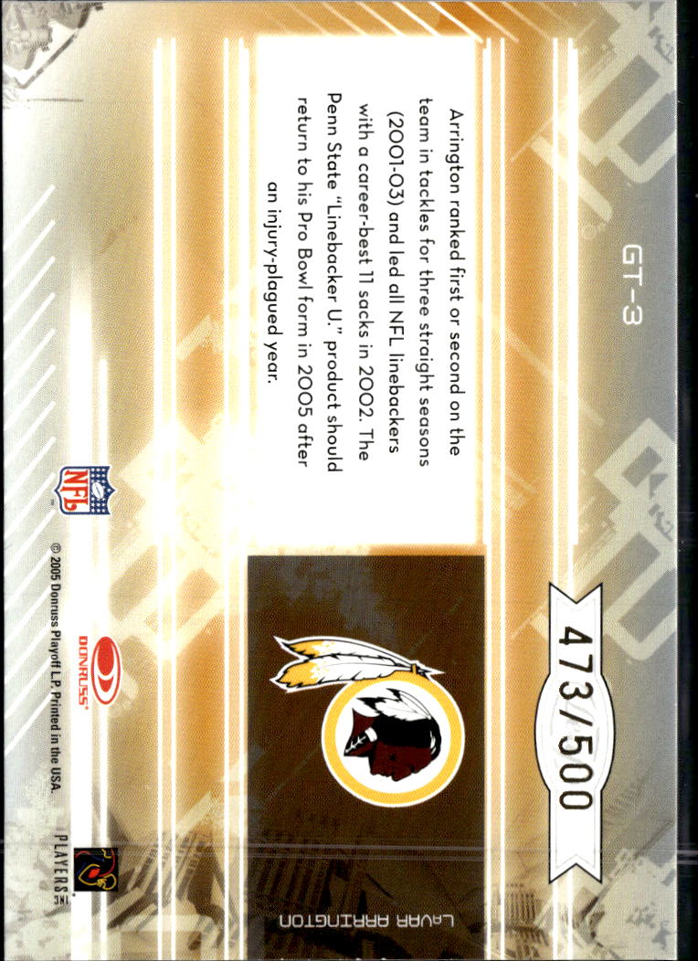 LaVar Arrington 2005 Leaf Certified Materials Gold Team /500 Washington Redskins