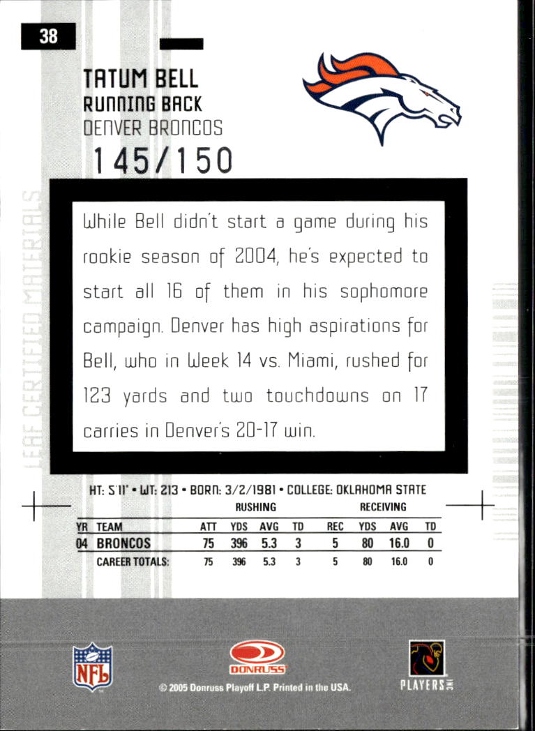 Tatum Bell 2005 Leaf Certified Mirror White /150 Denver Broncos