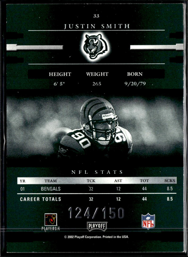 Justin Smith 2002 Playoff Prestige Xtra Points Green /150 Cincinnati Bengals