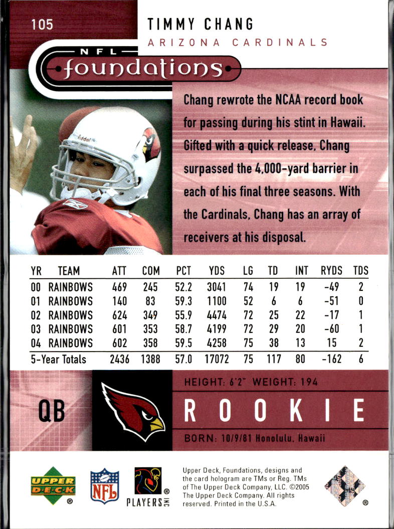 Timmy Chang 2005 Upper Deck NFL Foundations /399 Hawaii Arizona Cardinals
