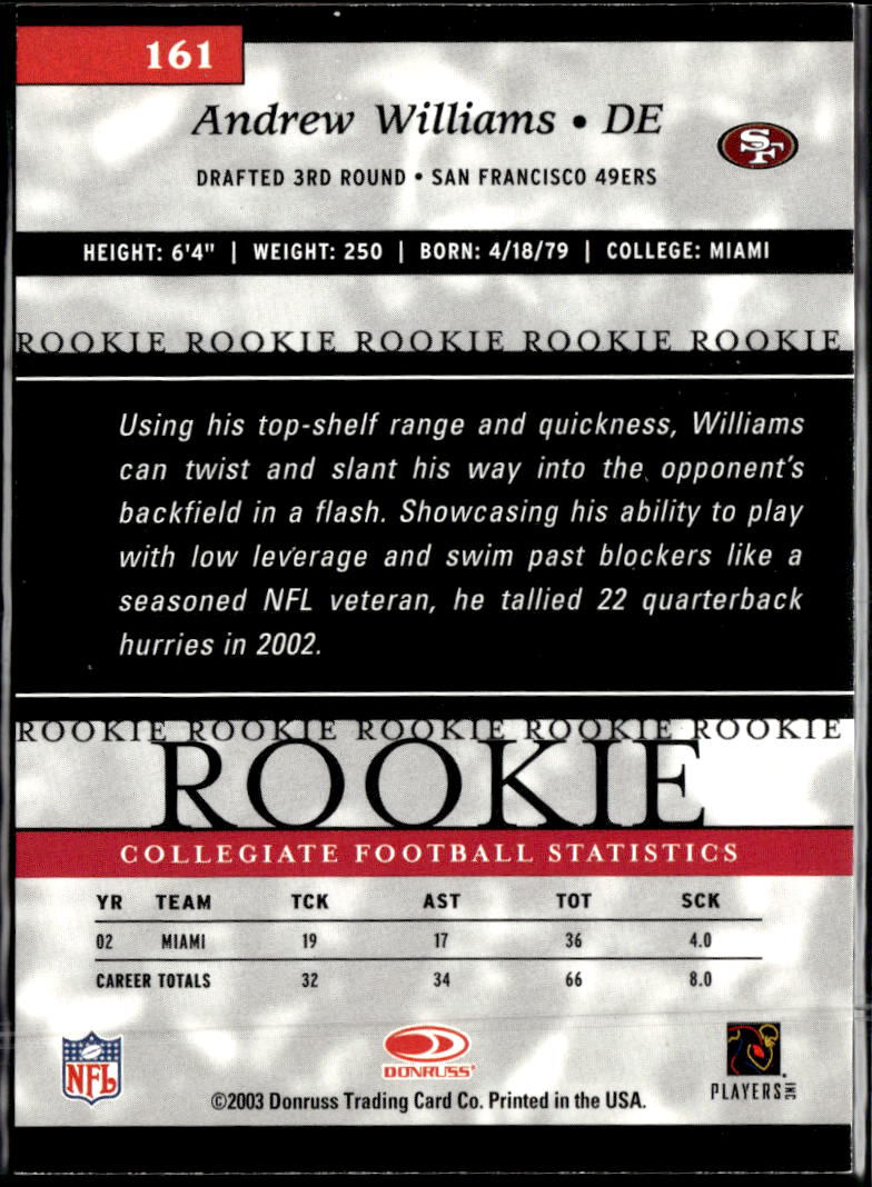 Andrew Williams 2003 Donruss Elite RC /500 Miami Hurricanes 49ers