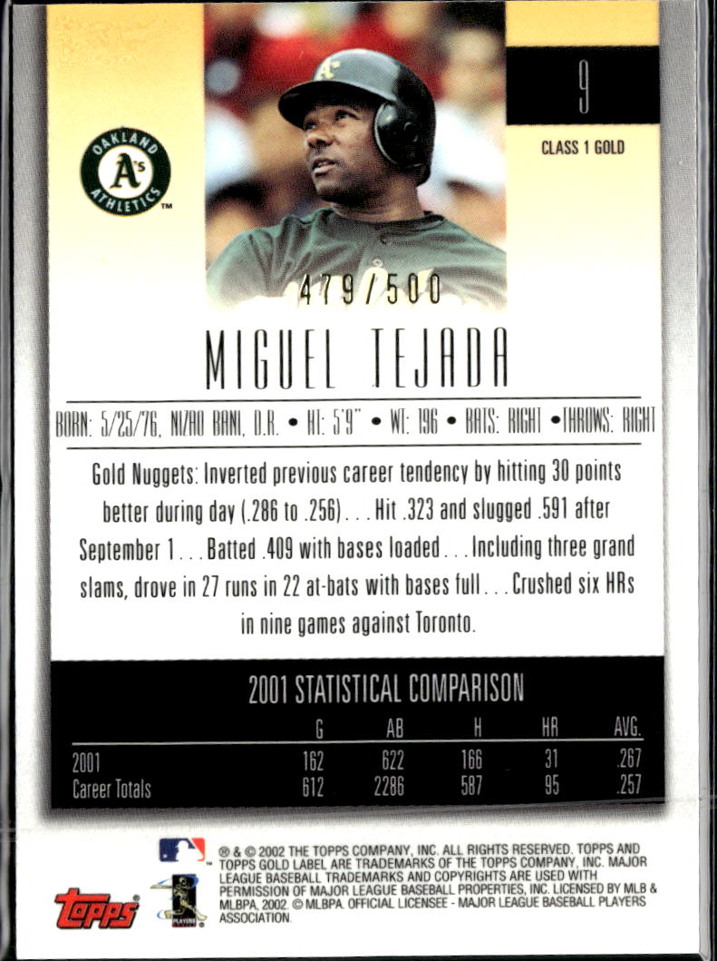 Miguel Tejada 2002 Topps Gold Label Class 1 /500 Oakland Athletics