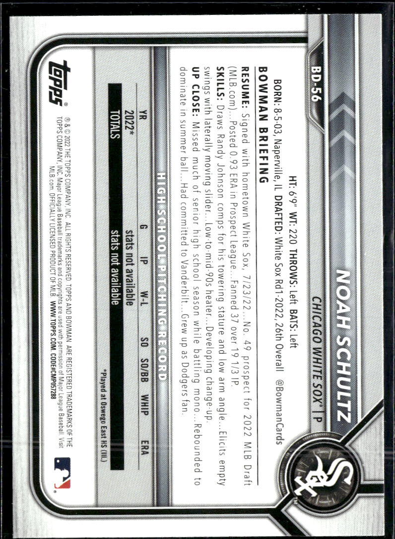 Noah Schultz 2022 Bowman Draft 1st Blue /150 Chicago White Sox
