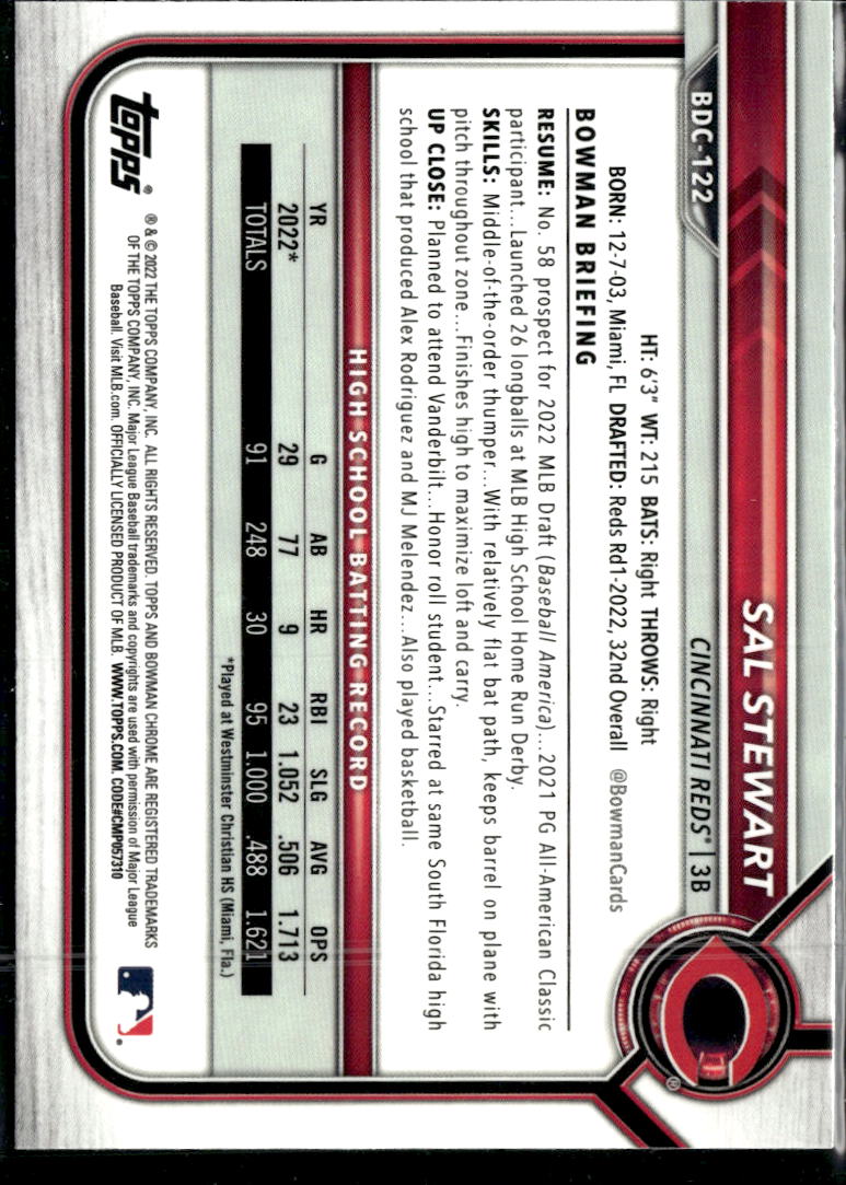 Sal Stewart 2022 Bowman Chrome 1st Rookie RC Cincinnati Reds