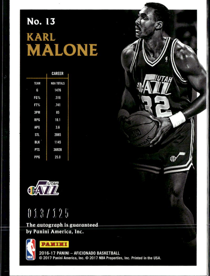 Karl Malone 2016-17 Aficionado Auto Autograph 13/125 Utah Jazz