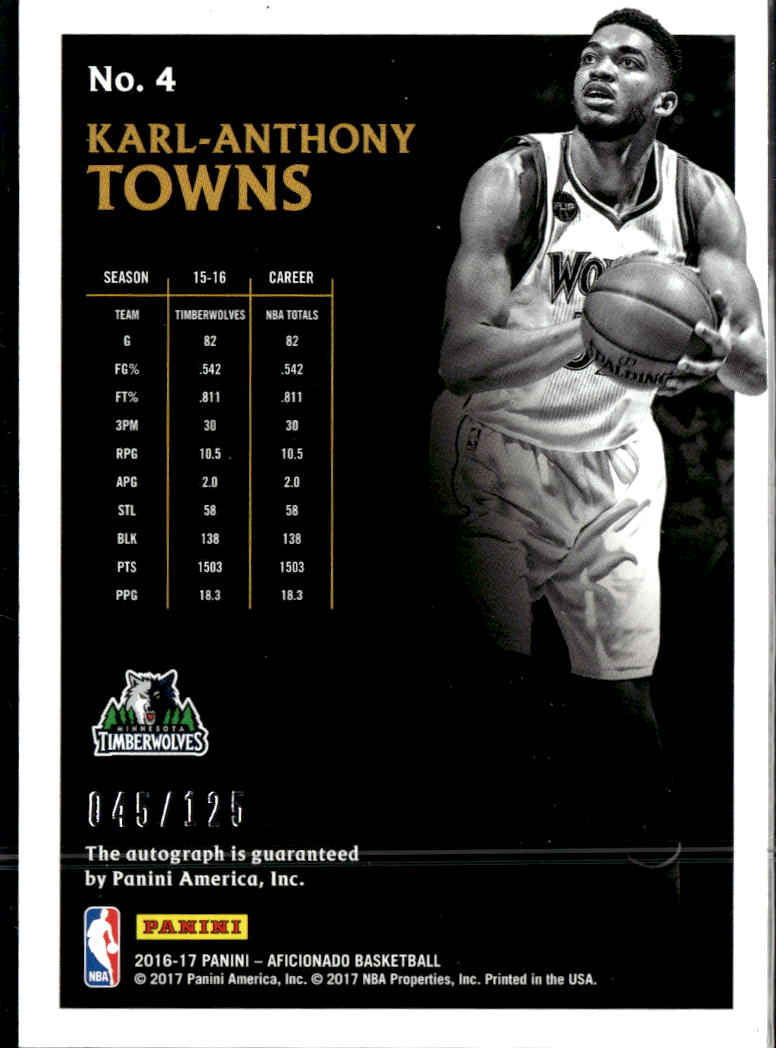 Karl-Anthony Towns 2016-17 Aficionado Auto Autograph /125 Minnesota Timberwolves