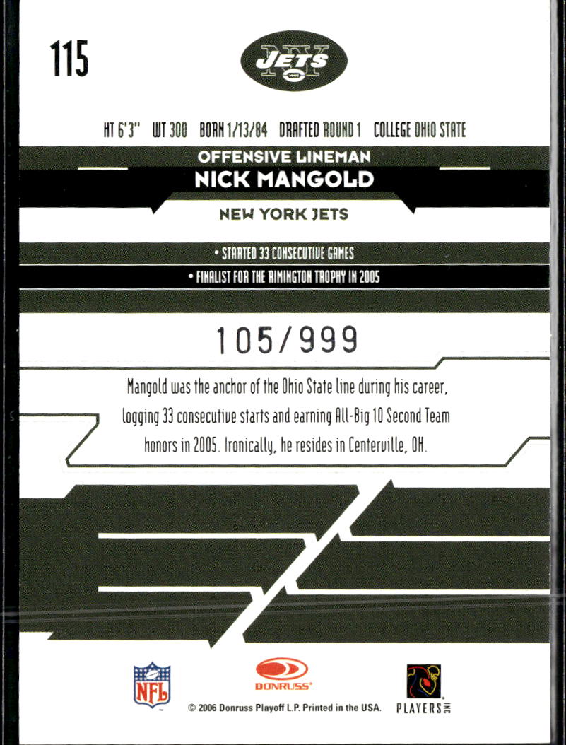 Nick Mangold 2006 Leaf Rookies & Stars RC 105/999 New York Jets