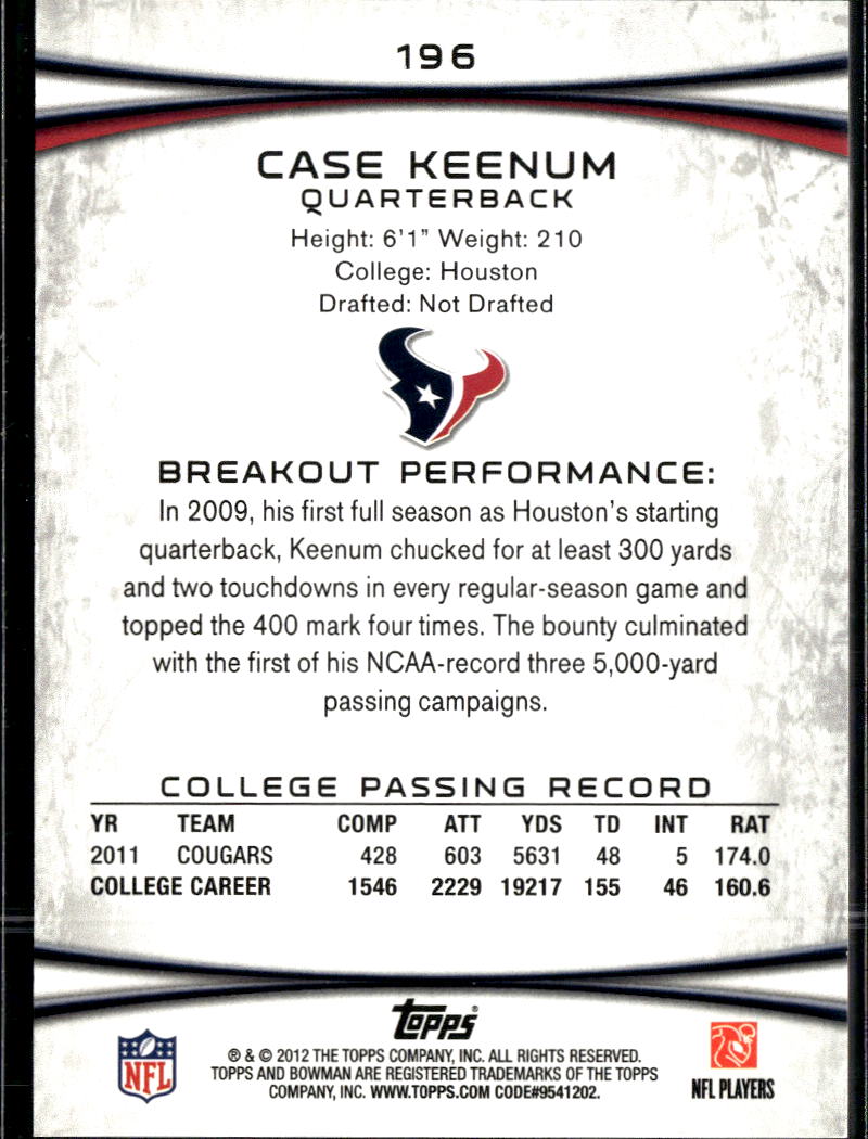 Case Keenum 2012 Bowman RC Green Rookie 18/25 Houston Texans