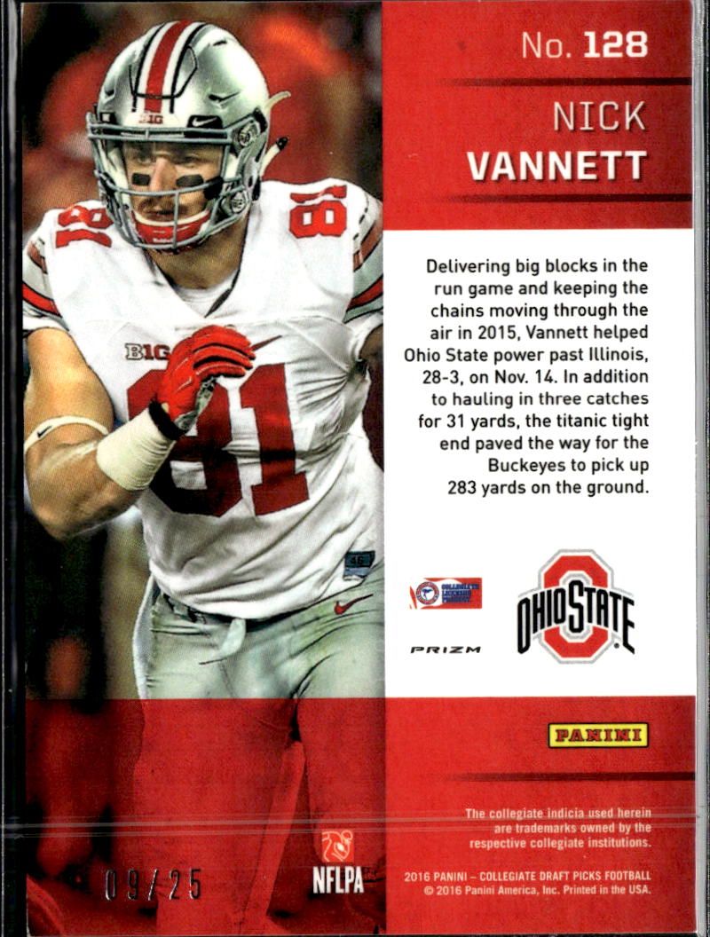 Nick Vannett 2016 Prizm Draft Picks Red White Blue RC /25 Ohio State Buckeyes