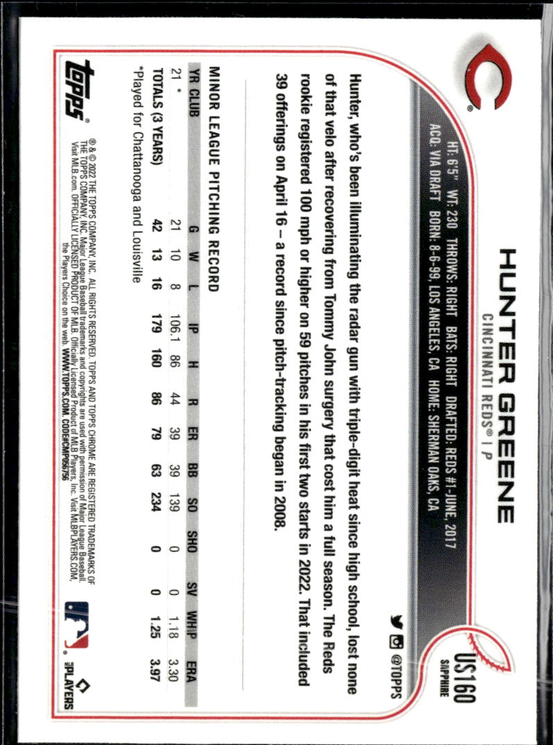 Hunter Greene 2022 Topps Chrome Sapphire Rookie RC Cincinnati Reds
