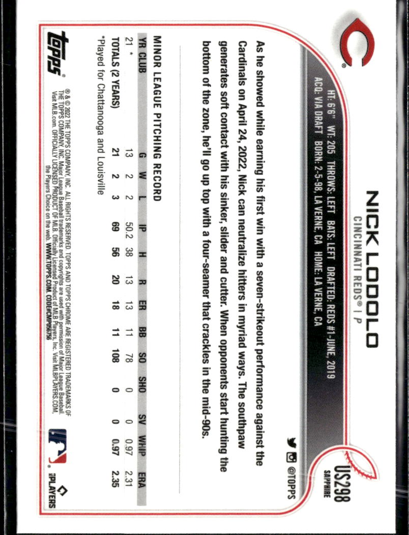 Nick Lodolo 2022 Topps Chrome Sapphire Rookie RC Cincinnati Reds