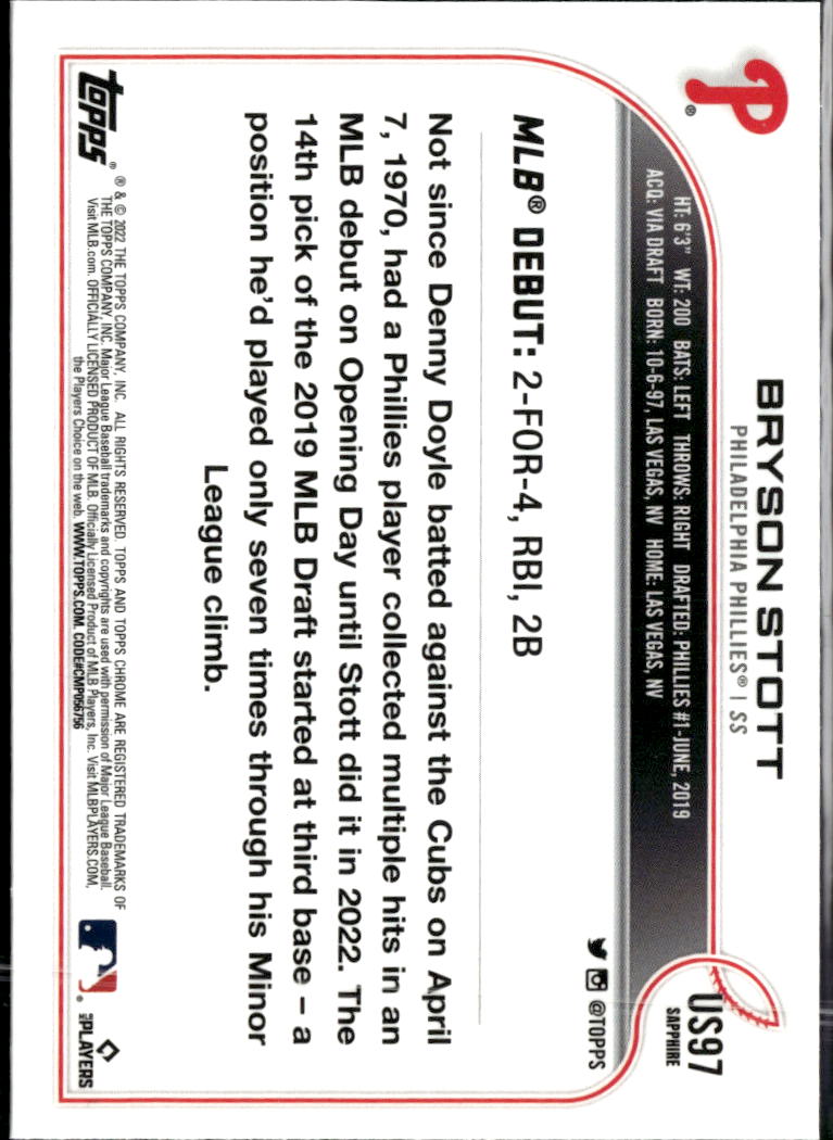 Bryson Stott 2022 Topps Chrome Sapphire Rookie RC Philadelphia Phillies