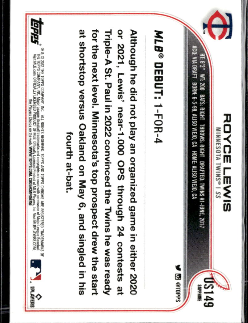 Royce Lewis 2022 Topps Chrome Sapphire Rookie RC Minnesota Twins