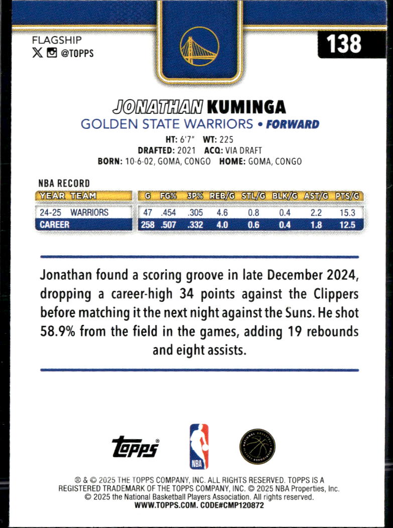 Jonathan Kuminga 2025 Topps Gold 1118/2025 Golden State Warriors