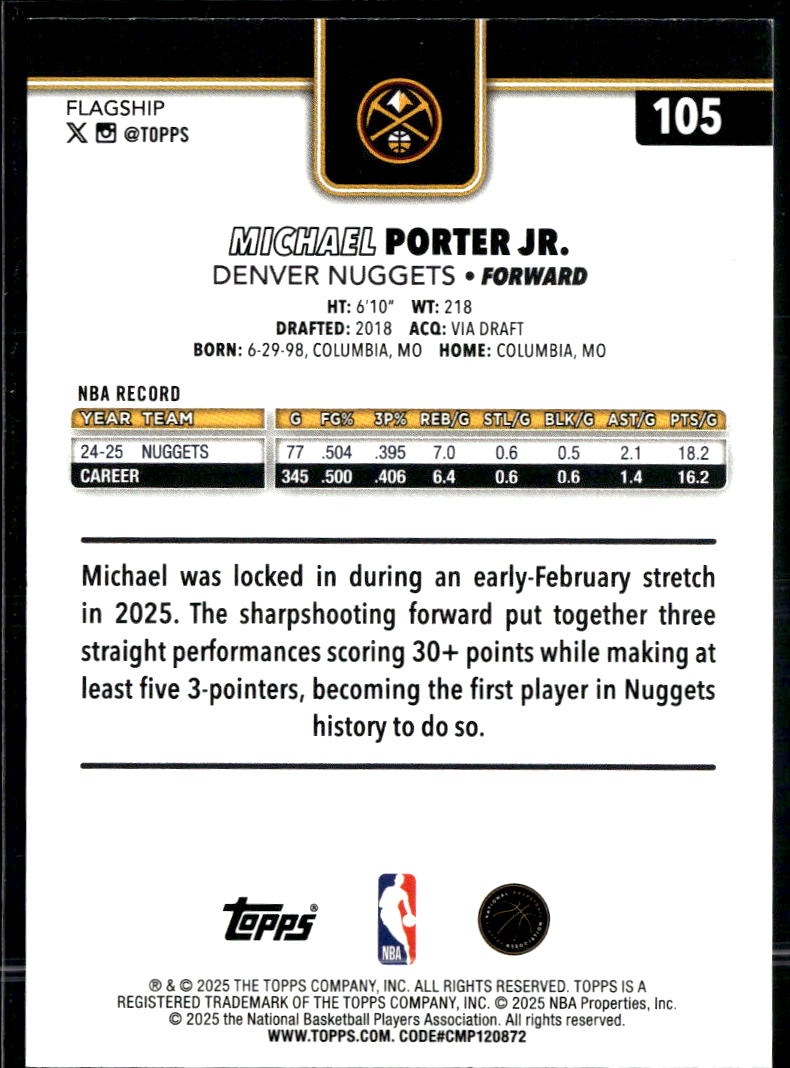 Michael Porter Jr. 2025 Topps Flagship Gold 2010/2025 Denver Nuggets