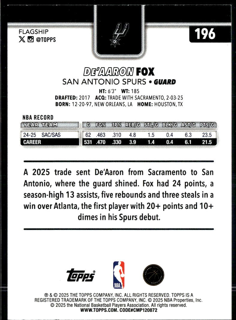 De'Aaron Fox 2025 Topps Gold 1582/2025 San Antonio Spurs