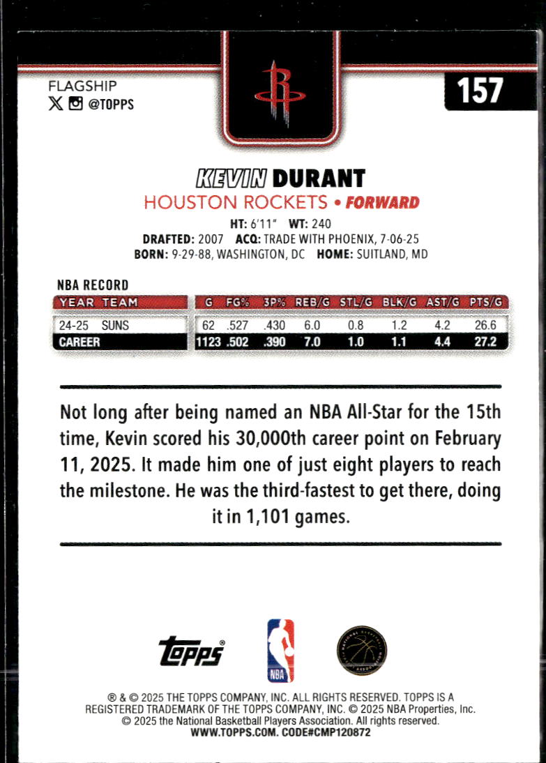Kevin Durant 2025 Topps Flagship Blue 107/150 Houston Rockets