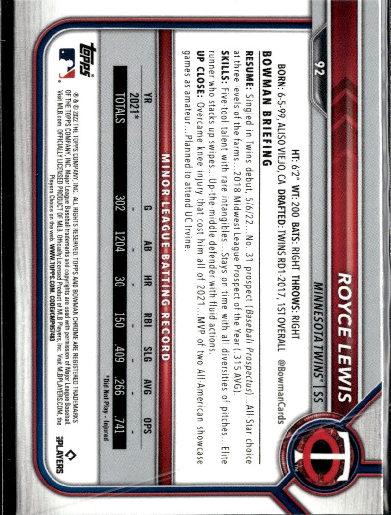 Royce Lewis 2022 Bowman Chrome Sapphire Rookie RC Minnesota Twins