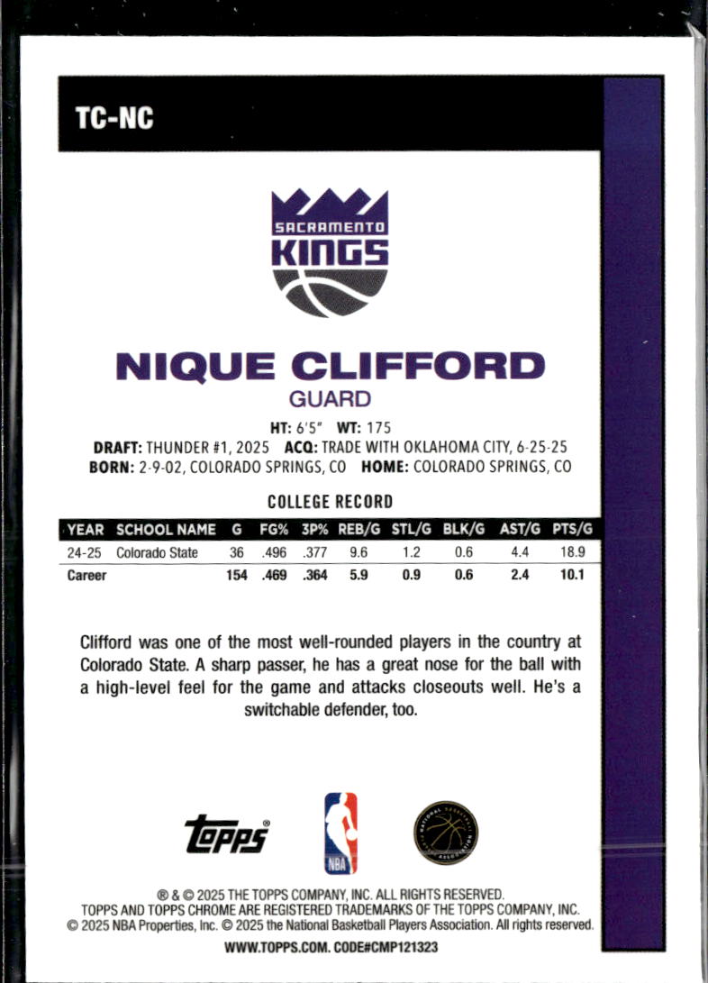 Nique Clifford 2025 Topps Chrome '80 Silver Pack Rookie RC Sacramento Kings