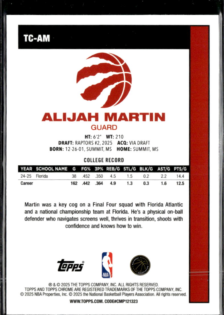 Alijah Martin 2025 Topps Chrome '80 Silver Pack Rookie RC Toronto Raptors