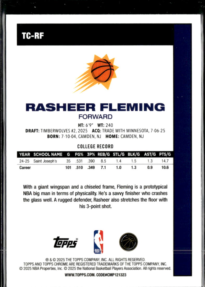 Rasheer Fleming 2025 Topps Chrome '80 Silver Pack Rookie RC Phoenix Suns