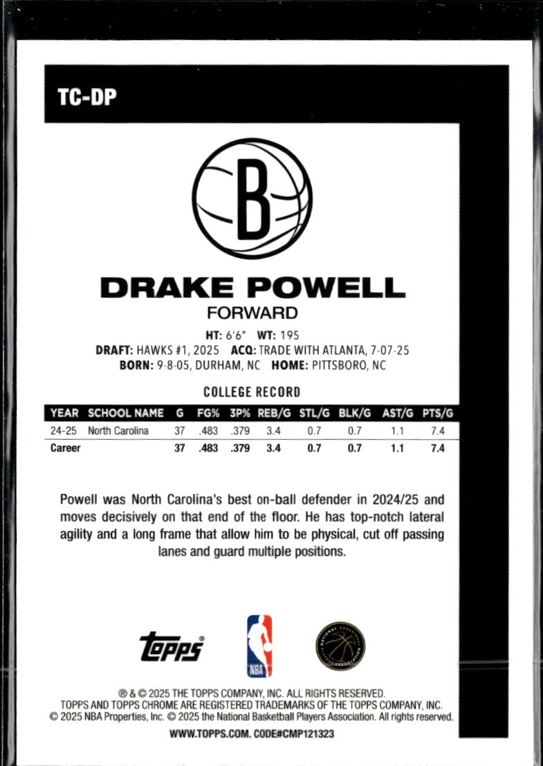 Drake Powell 2025 Topps Chrome '80 Silver Pack Rookie RC Brooklyn Nets