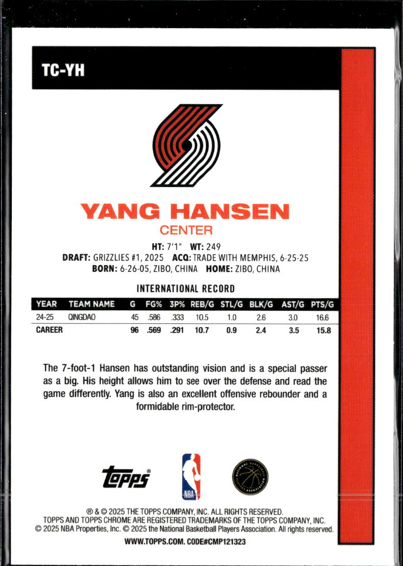 Yang Hansen 2025 Topps Chrome '80 Silver Pack Rookie RC Portland Trail Blazers