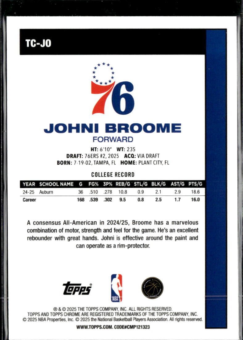 Johni Broome 2025 Topps Chrome '80 Silver Pack Rookie RC Philadelphia 76ers