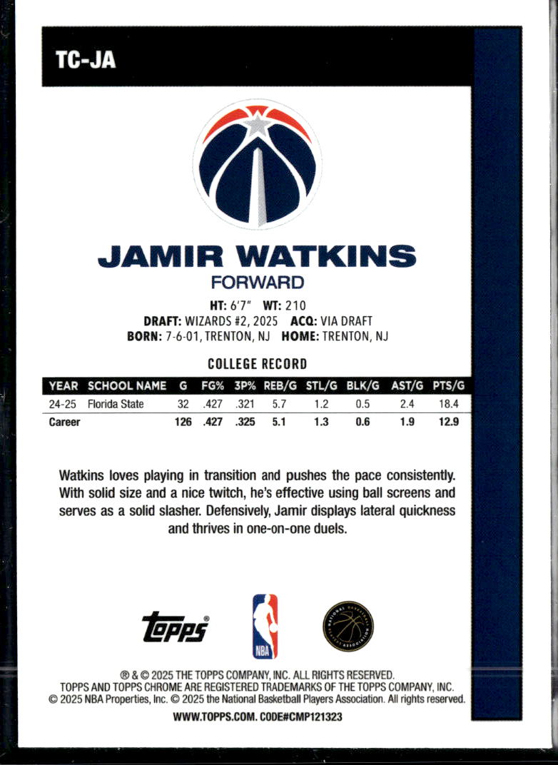 Jamir Watkins 2025 Topps Chrome '80 Silver Pack Rookie RC Washington Wizards