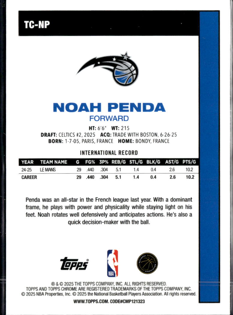 Noah Penda 2025 Topps Chrome '80 Silver Pack Rookie RC Orlando Magic