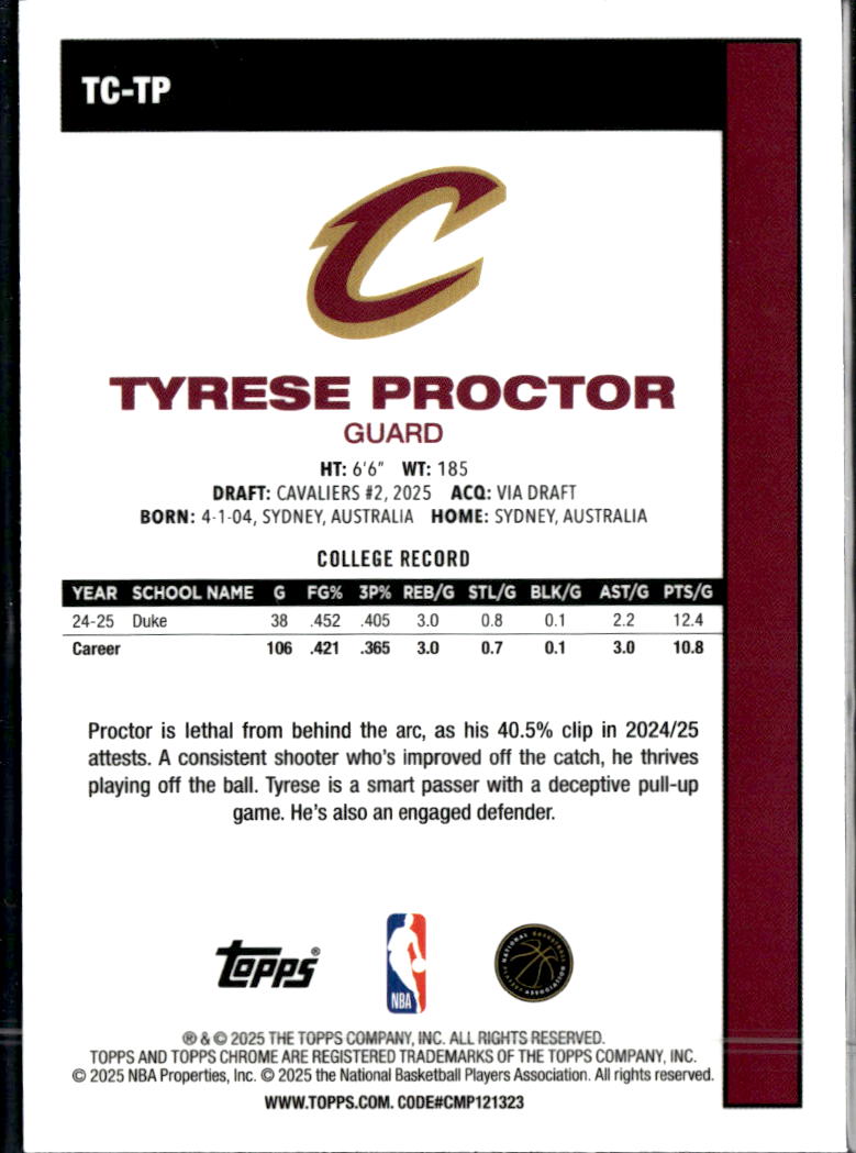 Tyrese Proctor 2025 Topps Chrome '80 Silver Pack Rookie RC Cleveland Cavaliers