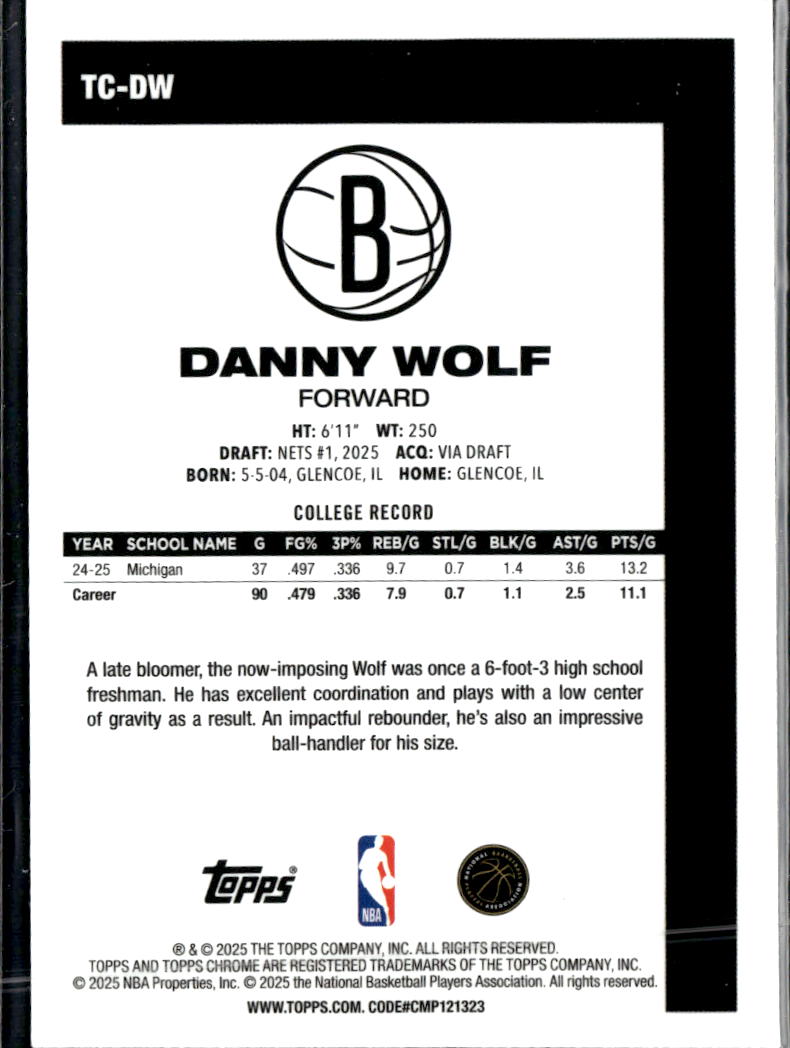 Danny Wolf 2025 Topps Chrome '80 Silver Pack Rookie RC Brooklyn Nets