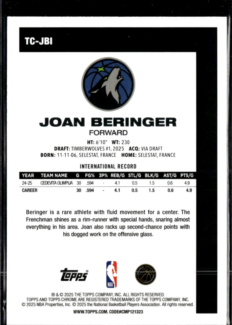 Joan Beringer 2025 Topps Chrome '80 Silver Pack Rookie RC Minnesota Timberwolves