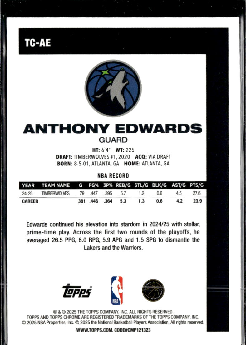 Anthony Edwards 2025 Topps Chrome '80 Silver Pack  Minnesota Timberwolves