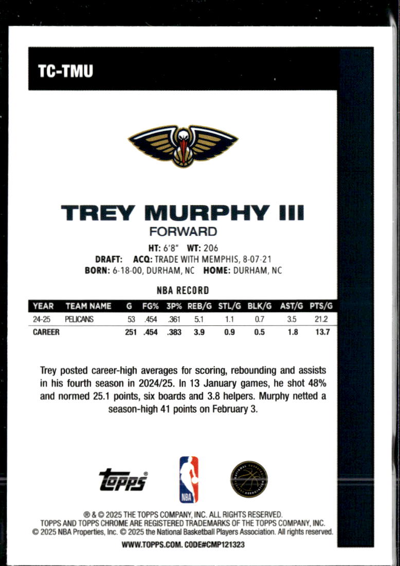 Trey Murphy III 2025 Topps Chrome '80 Silver Pack  New Orleans Pelicans
