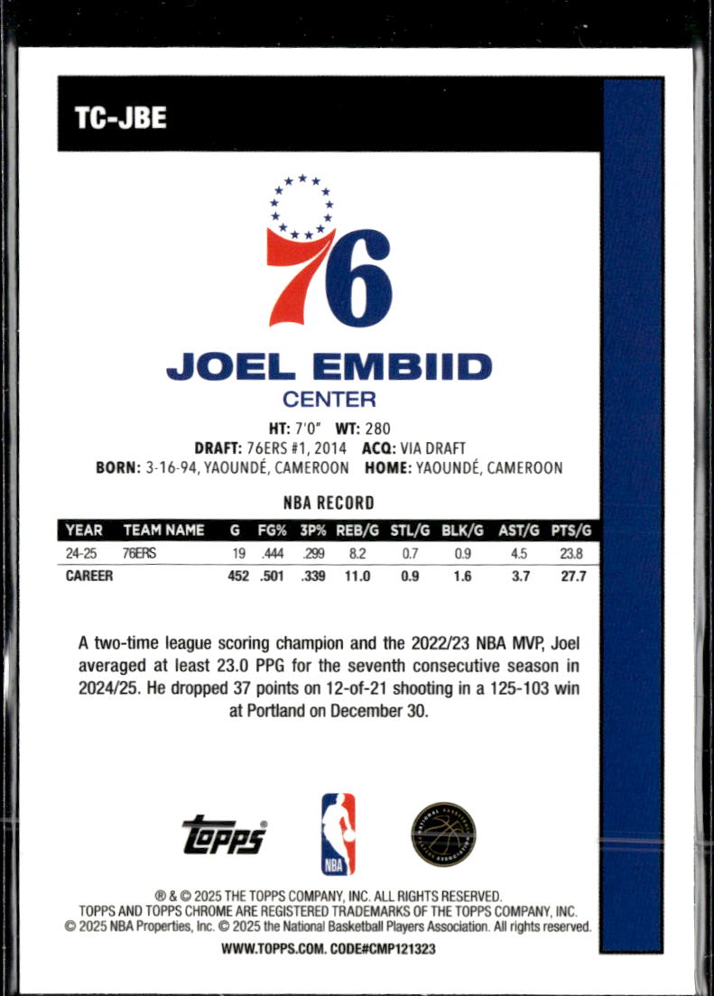 Joel Embiid 2025 Topps Chrome '80 Silver Pack  Philadelphia 76ers