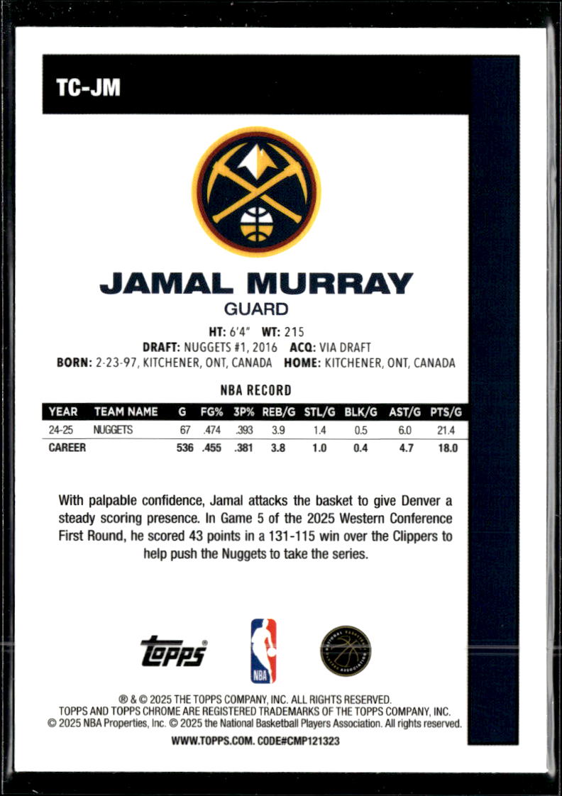 Jamal Murray 2025 Topps Chrome '80 Silver Pack Denver Nuggets
