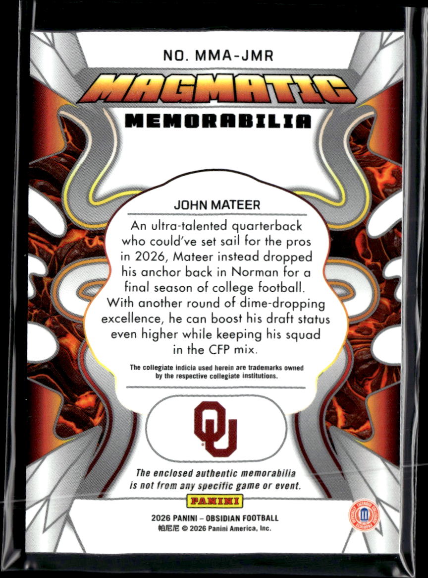 John Mateer 2026 Obsidian Jersey Patch RC Oklahoma Sooners