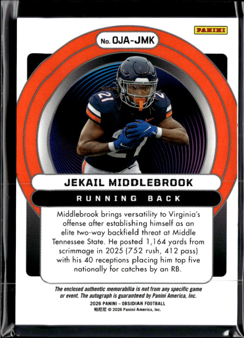 Jekail Middlebrook 2026 Obsidian Auto Autograph Patch RC Virginia Cavaliers