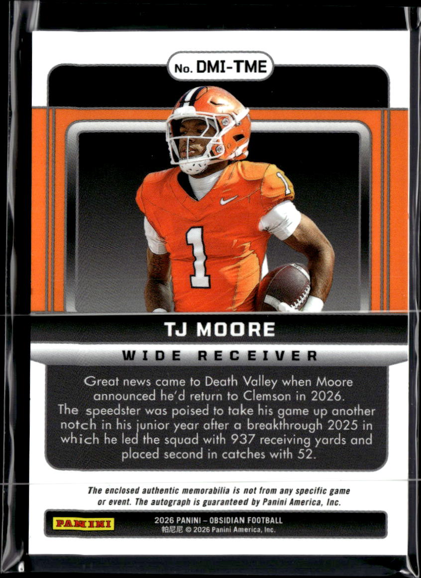 TJ Moore 2026 Obsidian Auto Autograph Jersey Patch RC Clemson Tigers