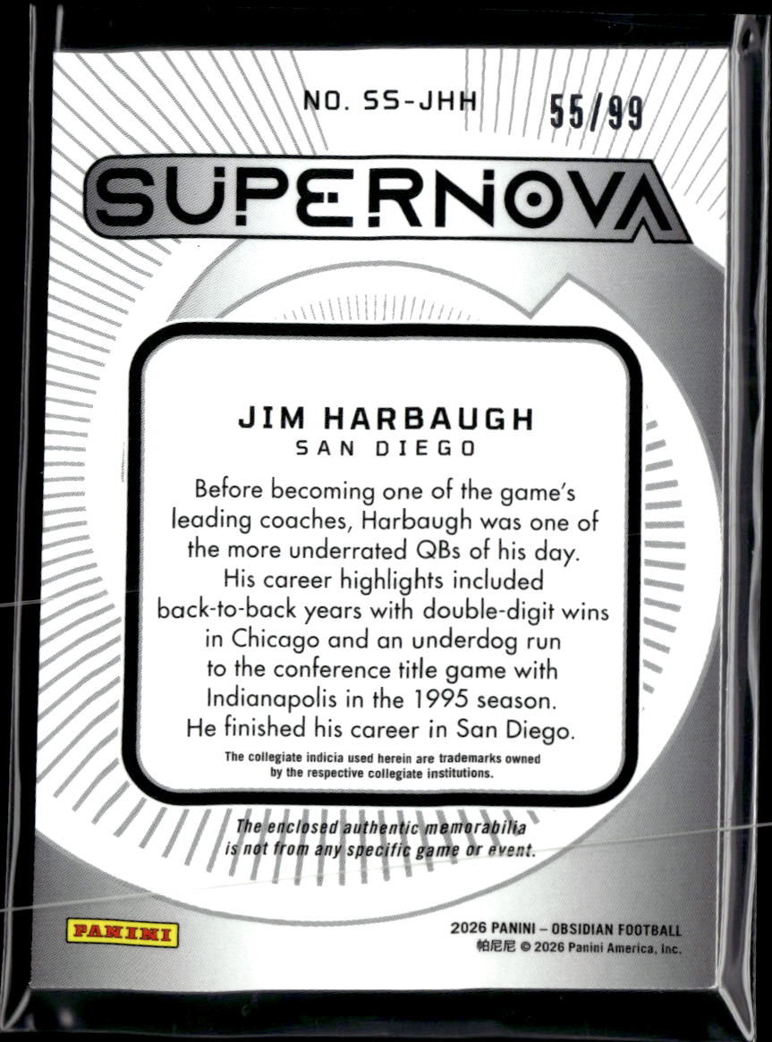 Jim Harbaugh 2026 Obsidian Jersey Patch Red /99 San Diego Chargers