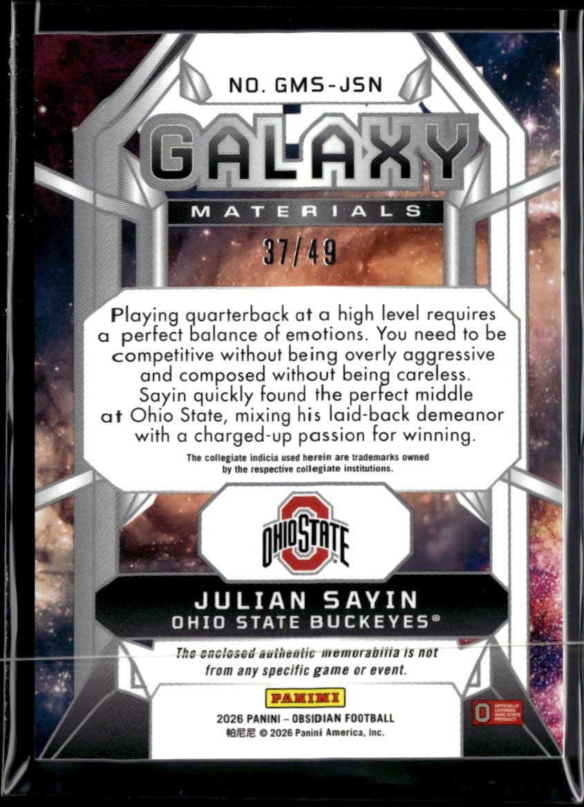 Julian Sayin 2026 Obsidian Jersey Patch Blue RC 37/49 Ohio State Buckeyes