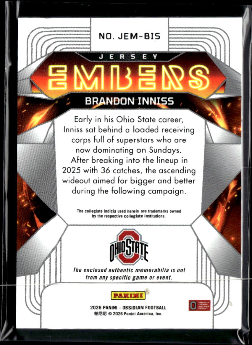 Brandon Inniss 2026 Obsidian Jersey Patch Rookie RC Ohio State Buckeyes