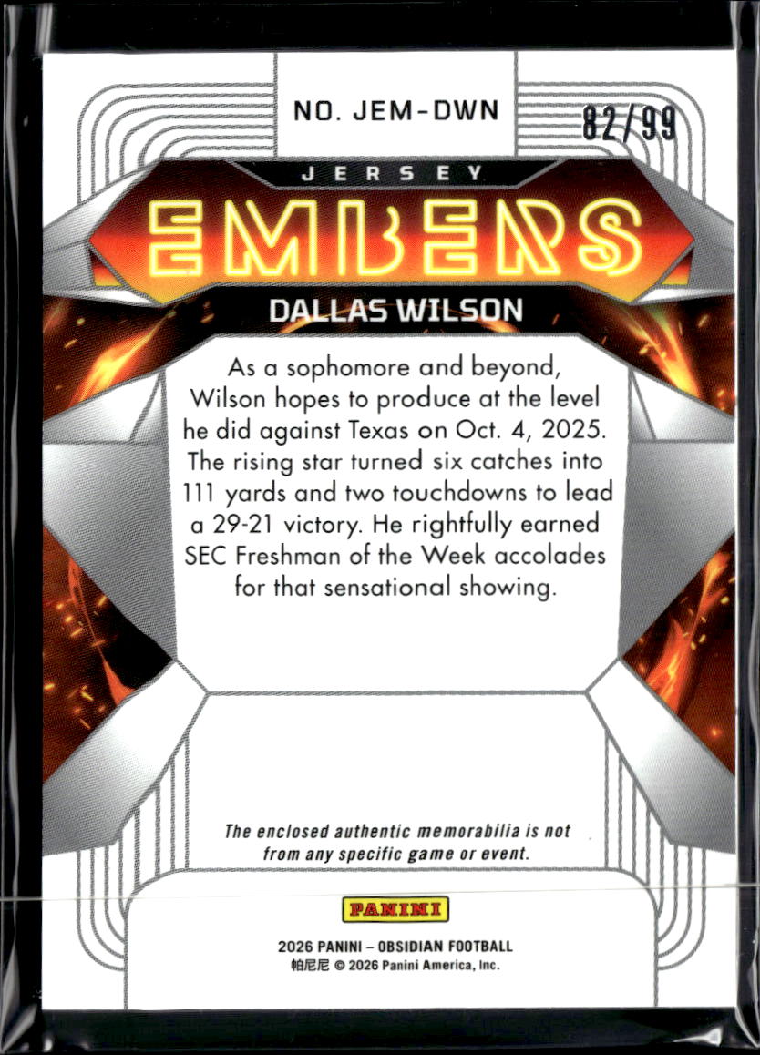 Dallas Wilson 2026 Obsidian Jersey Patch RC Florida Gators 82/99