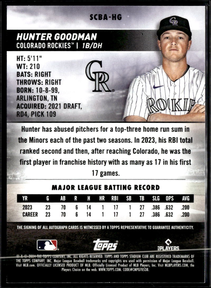 Hunter Goodman 2024 Topps Stadium Club Auto Autograph RC Colorado Rockies