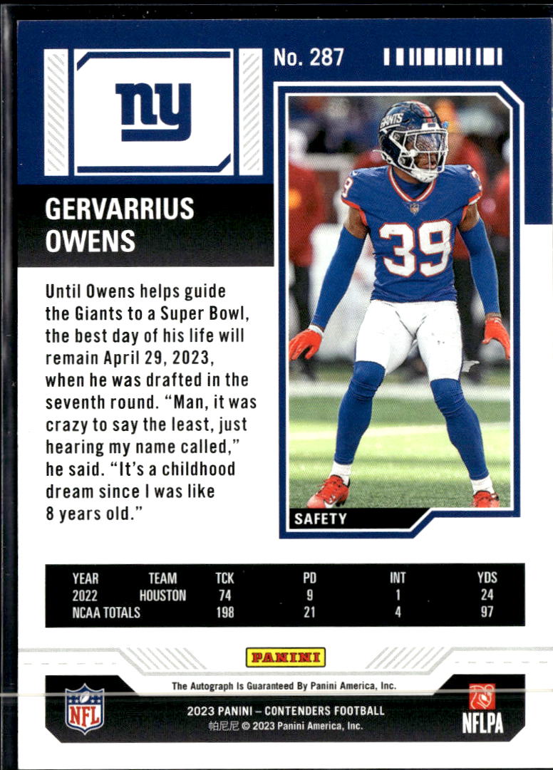 Gervarrius Owens 2023 Contenders Auto Autograph RC New York Giants