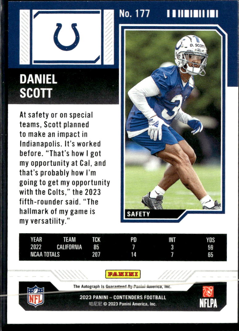 Daniel Scott 2023 Contenders Auto Autograph RC Indianapolis Colts